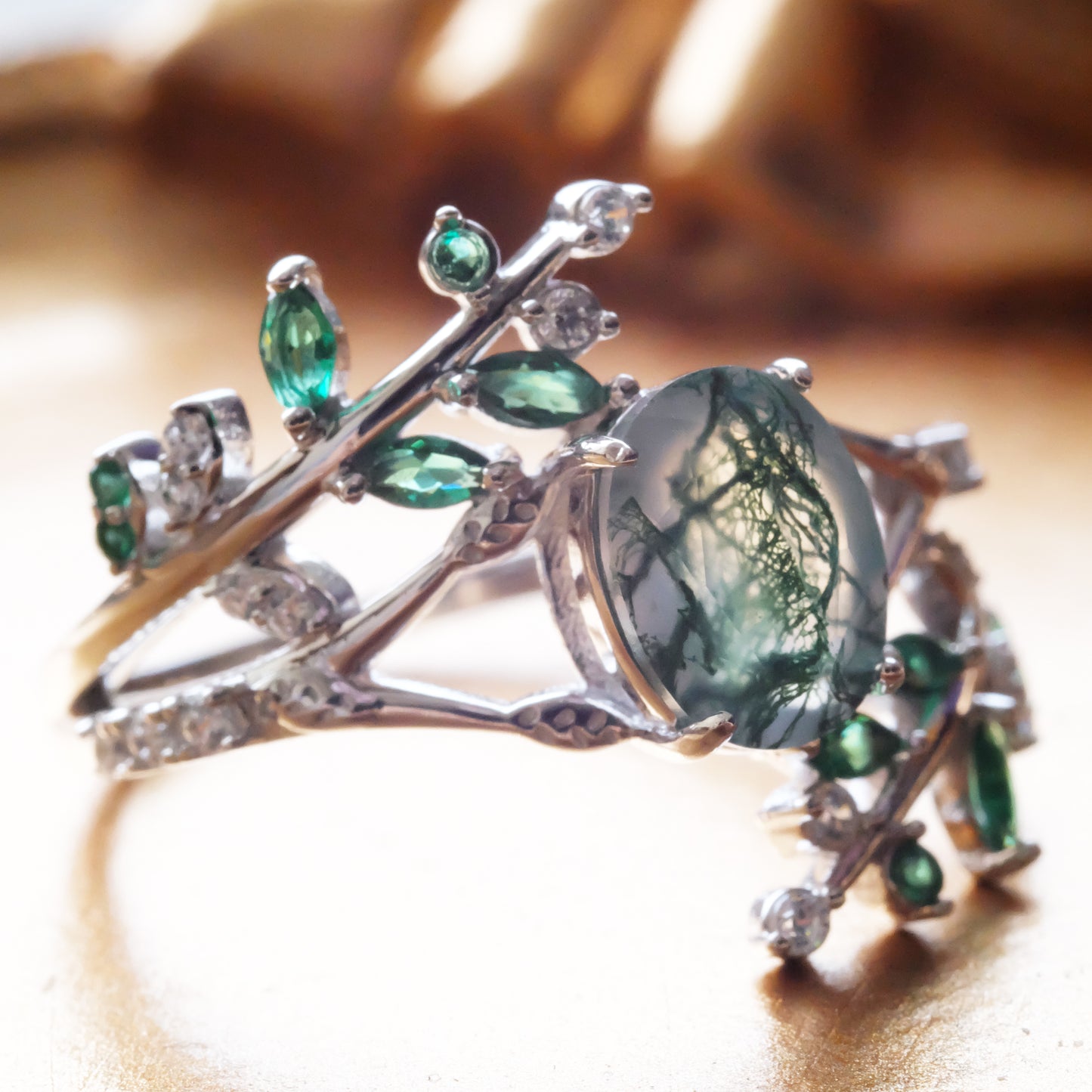 Oval Moss Agate Leaf Sterling Silver Ring