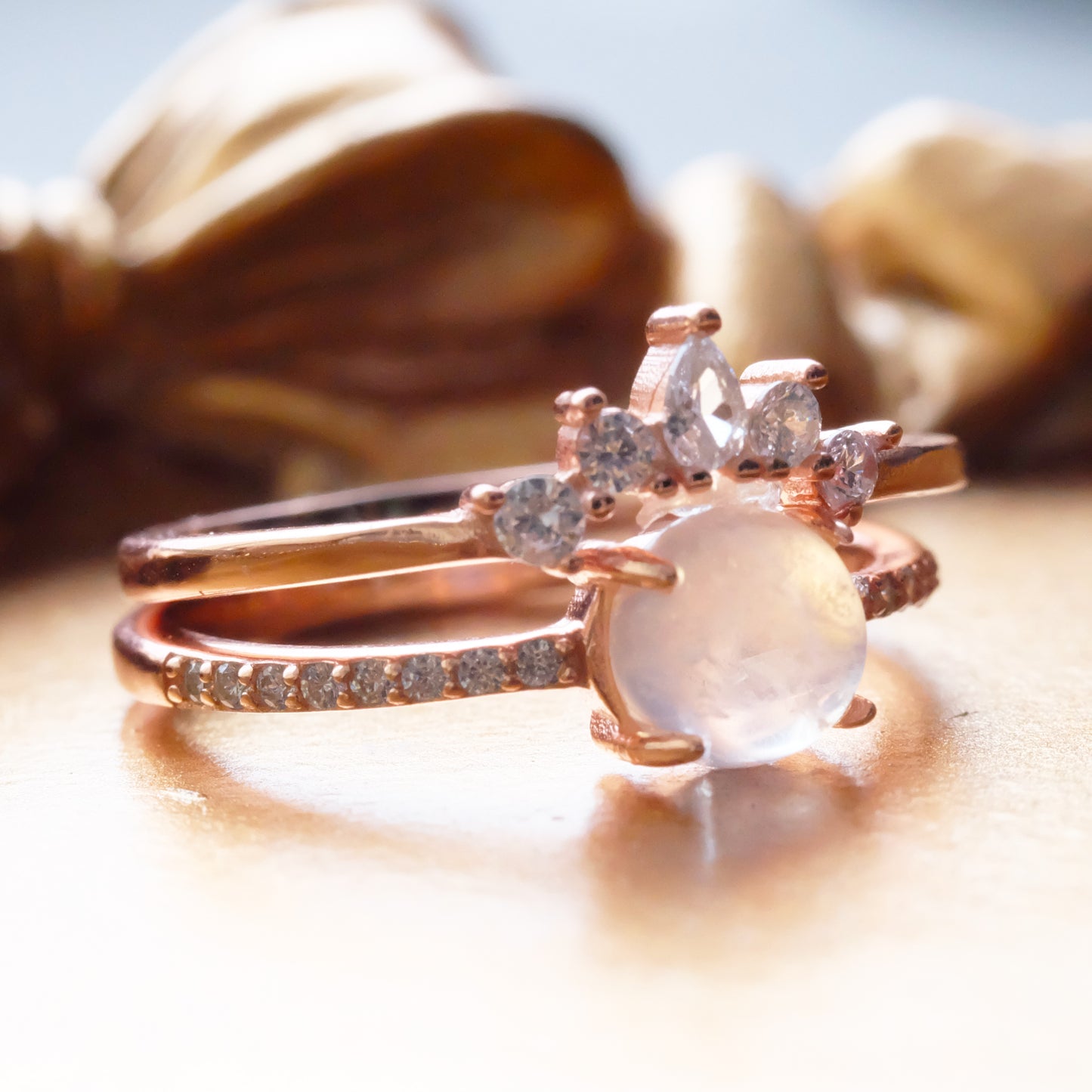 Crown Moonstone Ring Set 18K Gold Plated 925 Silver Rose Golding Sterling Silver Engagement Ring White Golding Ring Moonlight Wedding Moon Bridal Jewelry Band Ring Set rings
