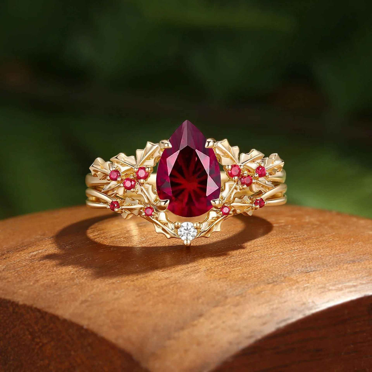 Handmade Pear-Cut Lab-Grown Pigeon Blood Ruby Leaf Ring Set