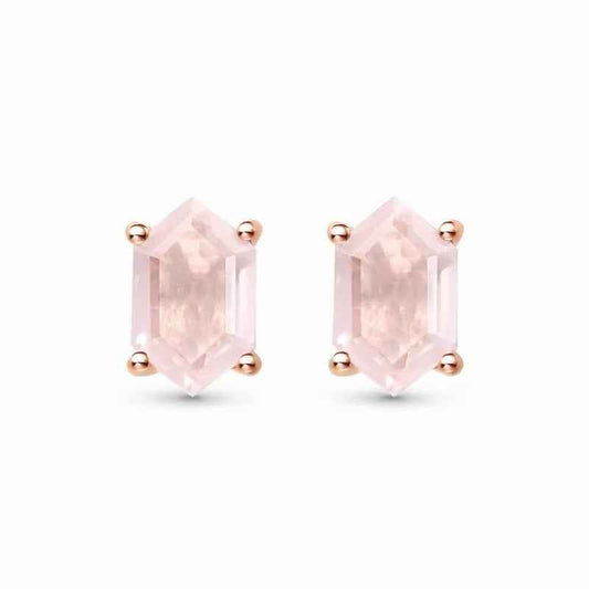 STAR WISH pink rose quartz hexagon stud earrings front view in sterling silver