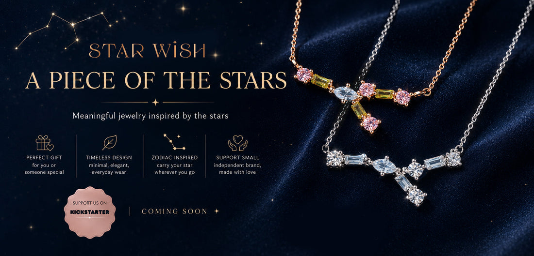 Star Wish zodiac necklace Kickstarter banner with silver and rose-gold constellation jewelry