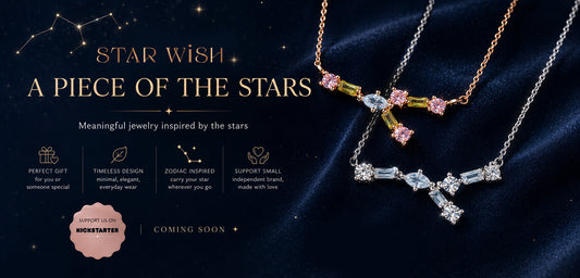 Star Wish zodiac necklace Kickstarter banner with silver and rose-gold constellation jewelry