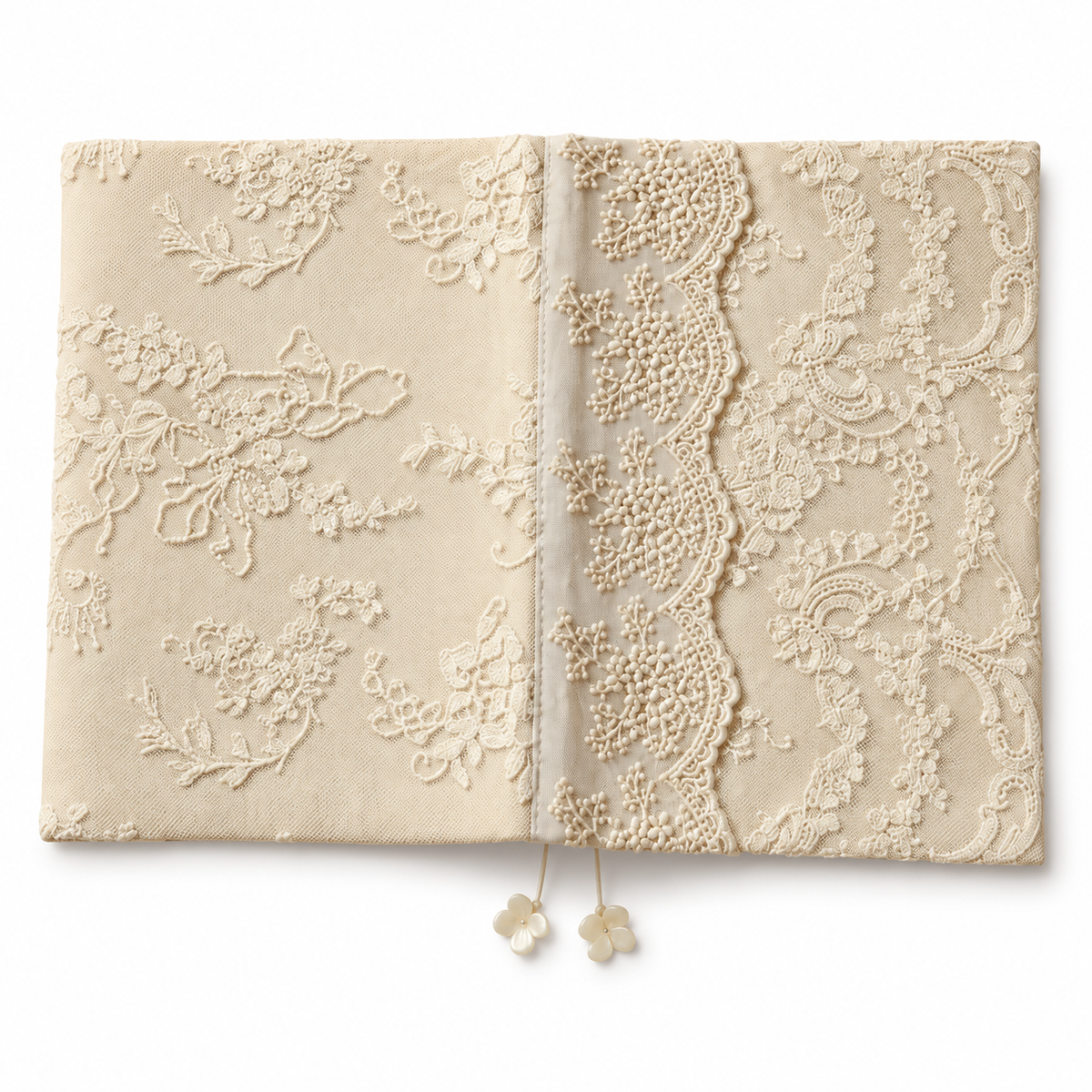 Beige floral lace journal cover with two flower bookmarks on white