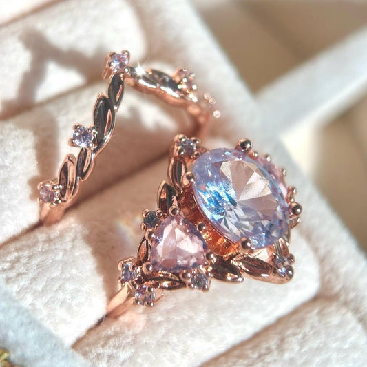 Pink zircon fairy ring set with blue and pink multi gemstone accents