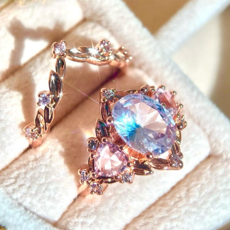 Blue and pink gemstone stackable ring set for engagement or wedding styling