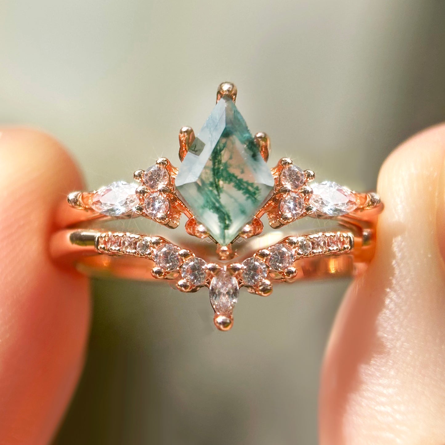 Moss Agate Fairy Ring Rose Golding Band Crystal Engagement Rings White Golding Vintage Forest Wedding Ring girlfriend gift jewelry