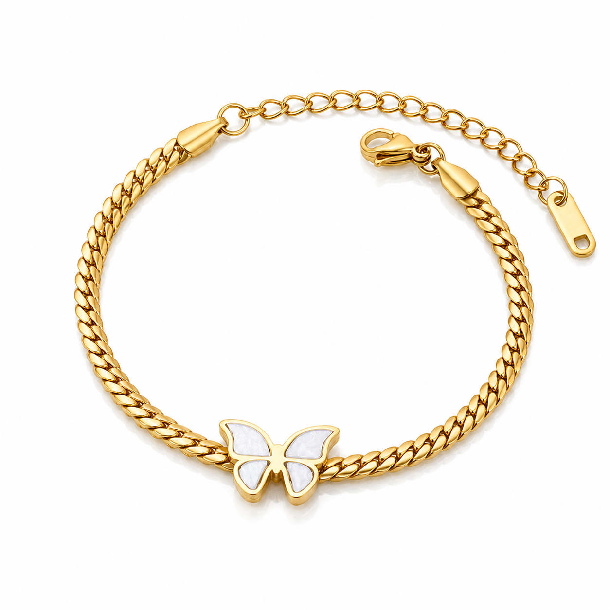 18k gold plated butterfly bracelet on a white background