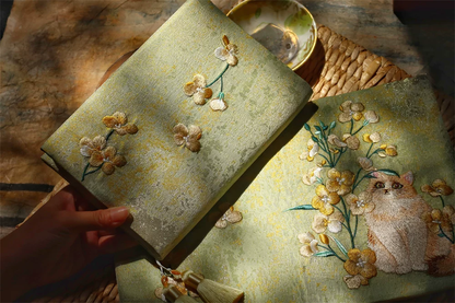 Handmade STAR WISH garden cat embroidered journal with floral designs, featuring a soft cover and detailed stitching.