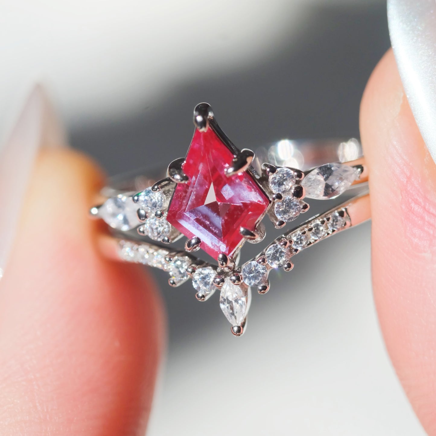 Alexandrite Rhombus 925 Sterling Silver Color-Changing Double-Layer Ring Set