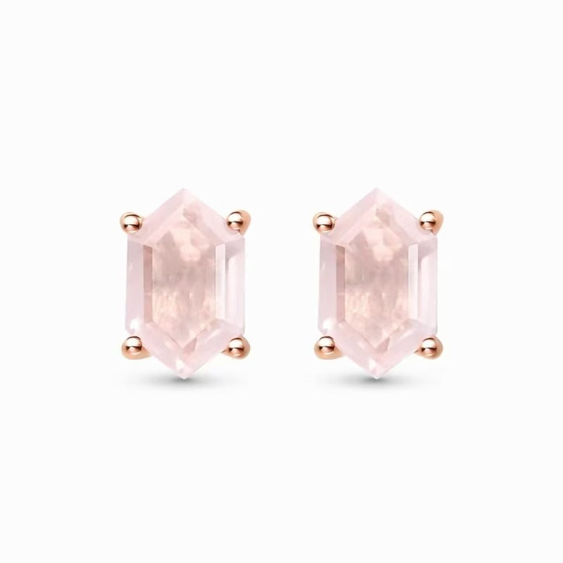 Pair of pink rose quartz earrings with rose gold setting 