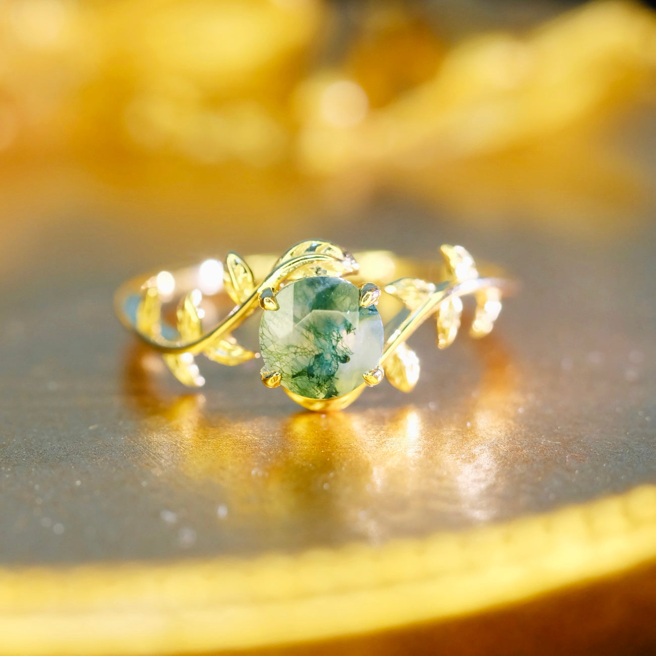 Natural Moss Agate Leaf 14K Gold Plated 925 Sterling Silver Ring