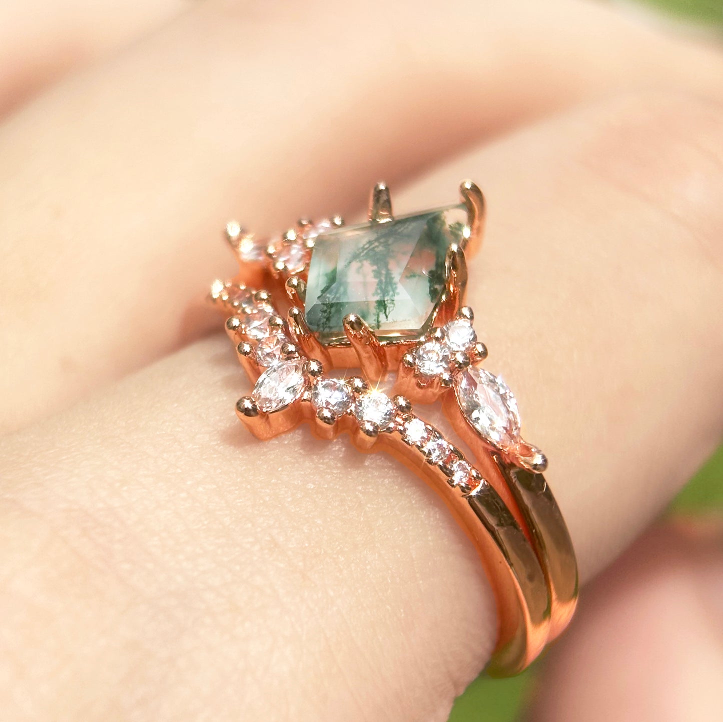 Moss Agate Fairy Ring Rose Golding Band Crystal Engagement Rings White Golding Vintage Forest Wedding Ring girlfriend gift jewelry