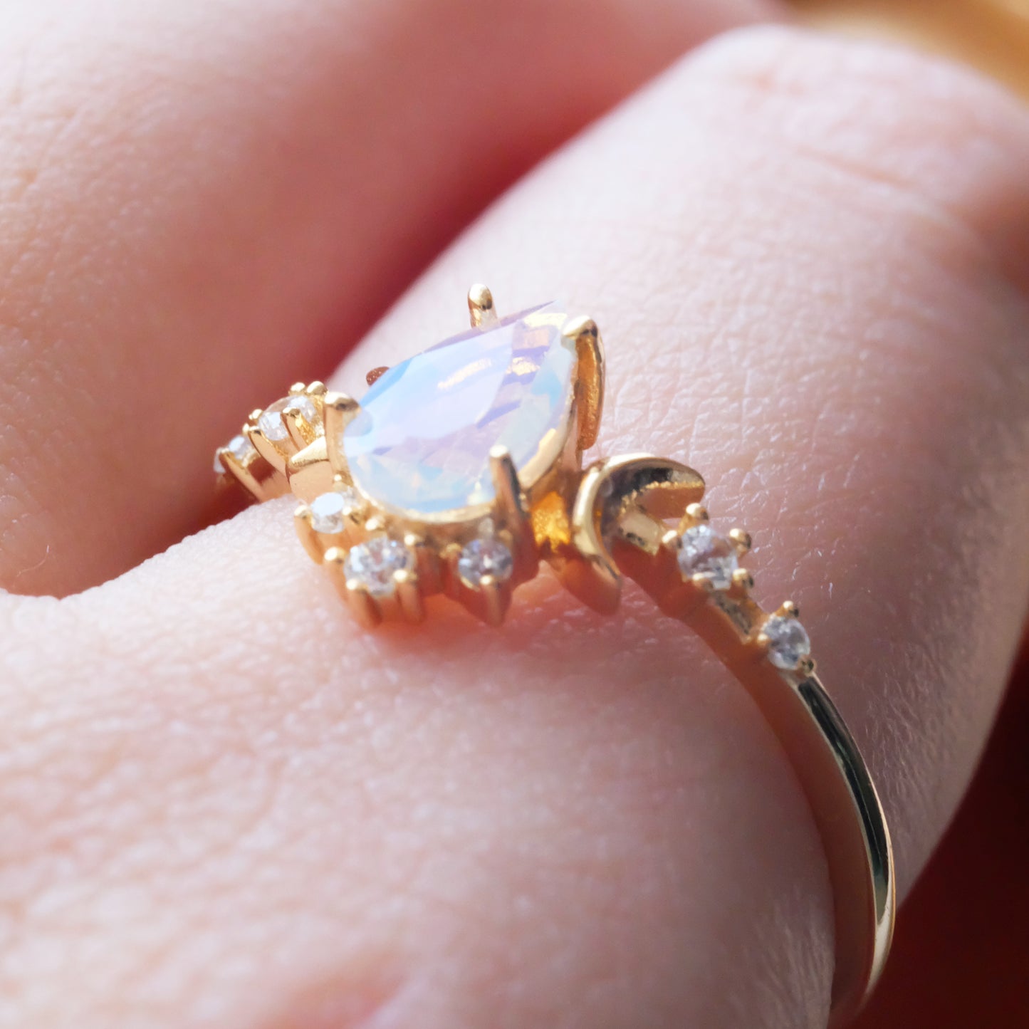 Opal Moonlight Ring 925 Sterling Silver 14K Gold Plated Pear Cut Cubic Zirconia Celestial Jewelry