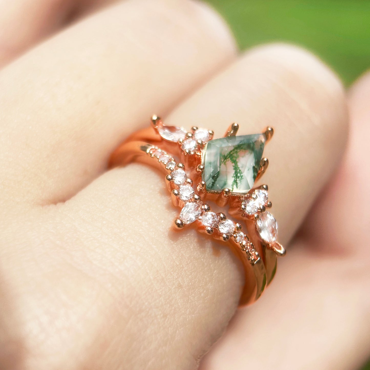Moss Agate Fairy Ring Rose Golding Band Crystal Engagement Rings White Golding Vintage Forest Wedding Ring girlfriend gift jewelry