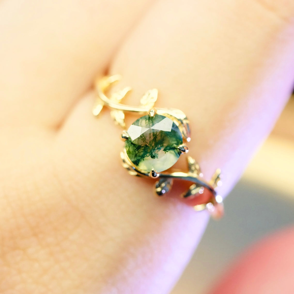 Natural Moss Agate Leaf 14K Gold Plated 925 Sterling Silver Ring