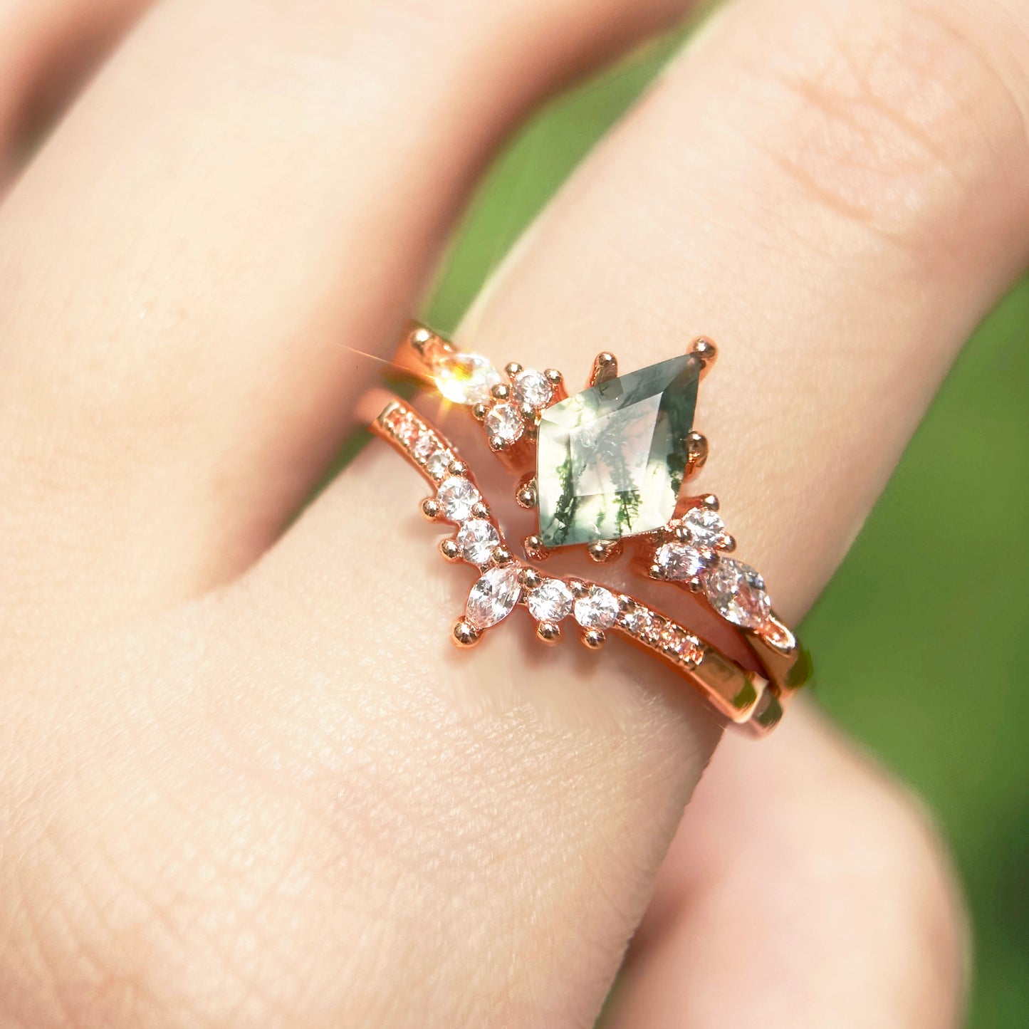 Moss Agate Fairy Ring Rose Golding Band Crystal Engagement Rings White Golding Vintage Forest Wedding Ring girlfriend gift jewelry