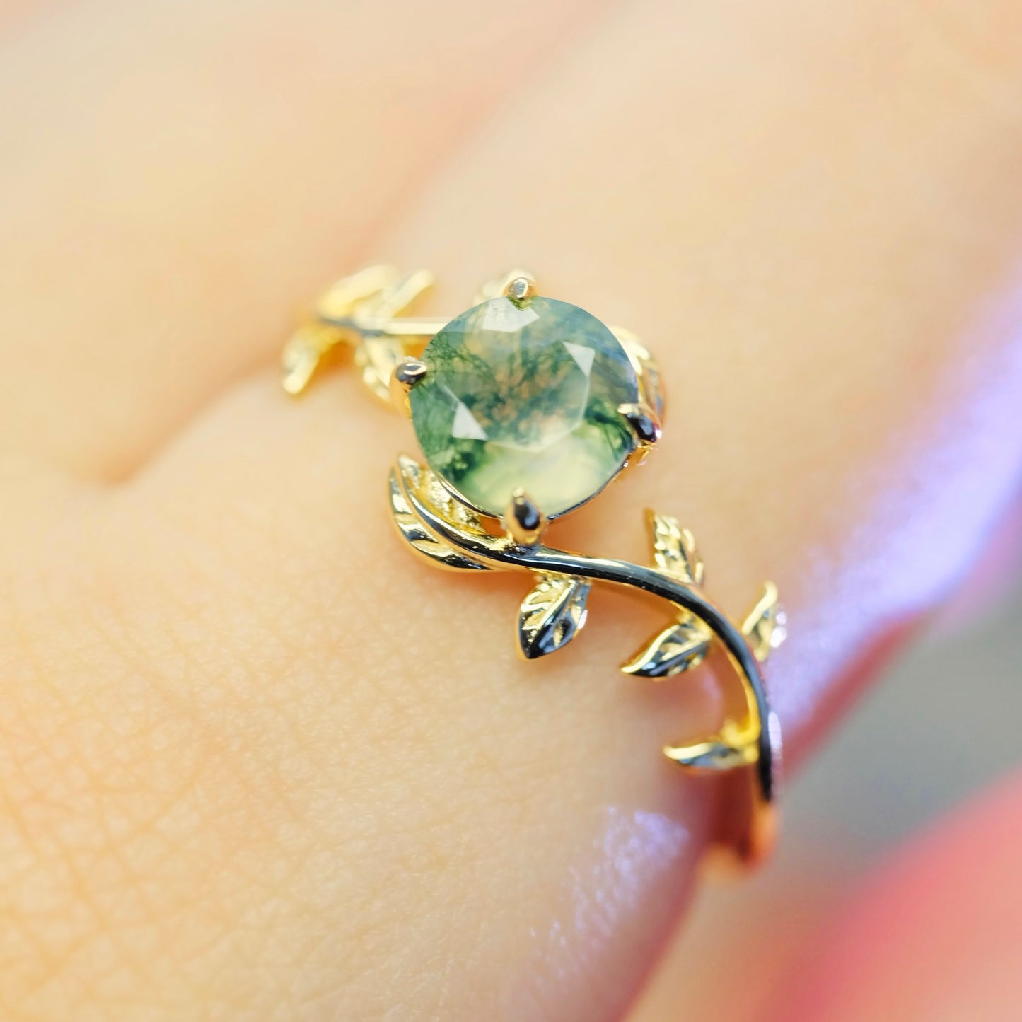 Natural Moss Agate Leaf 14K Gold Plated 925 Sterling Silver Ring