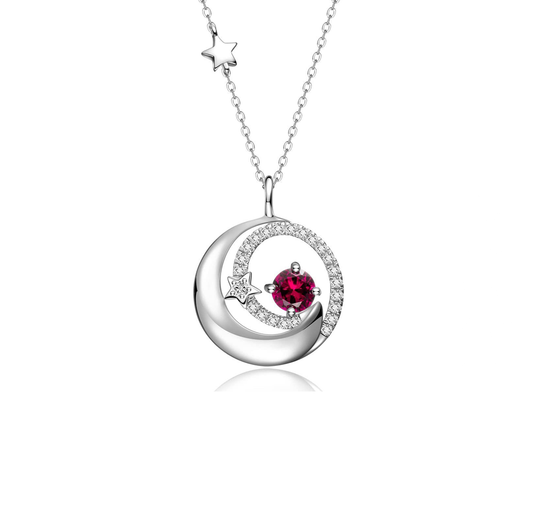 Moon and Star Necklace Red Zircon Sterling Silver