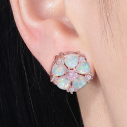Round Opal Flower Stud Earrings