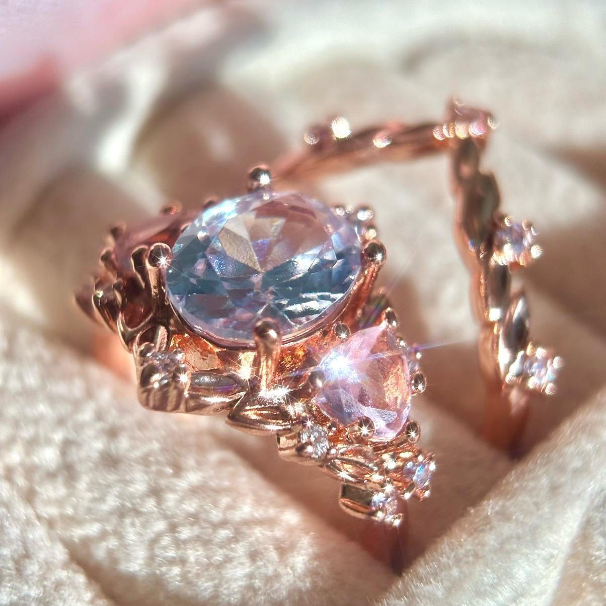 Pink zircon fairy crown inspired rings worn as a romantic jewelry set