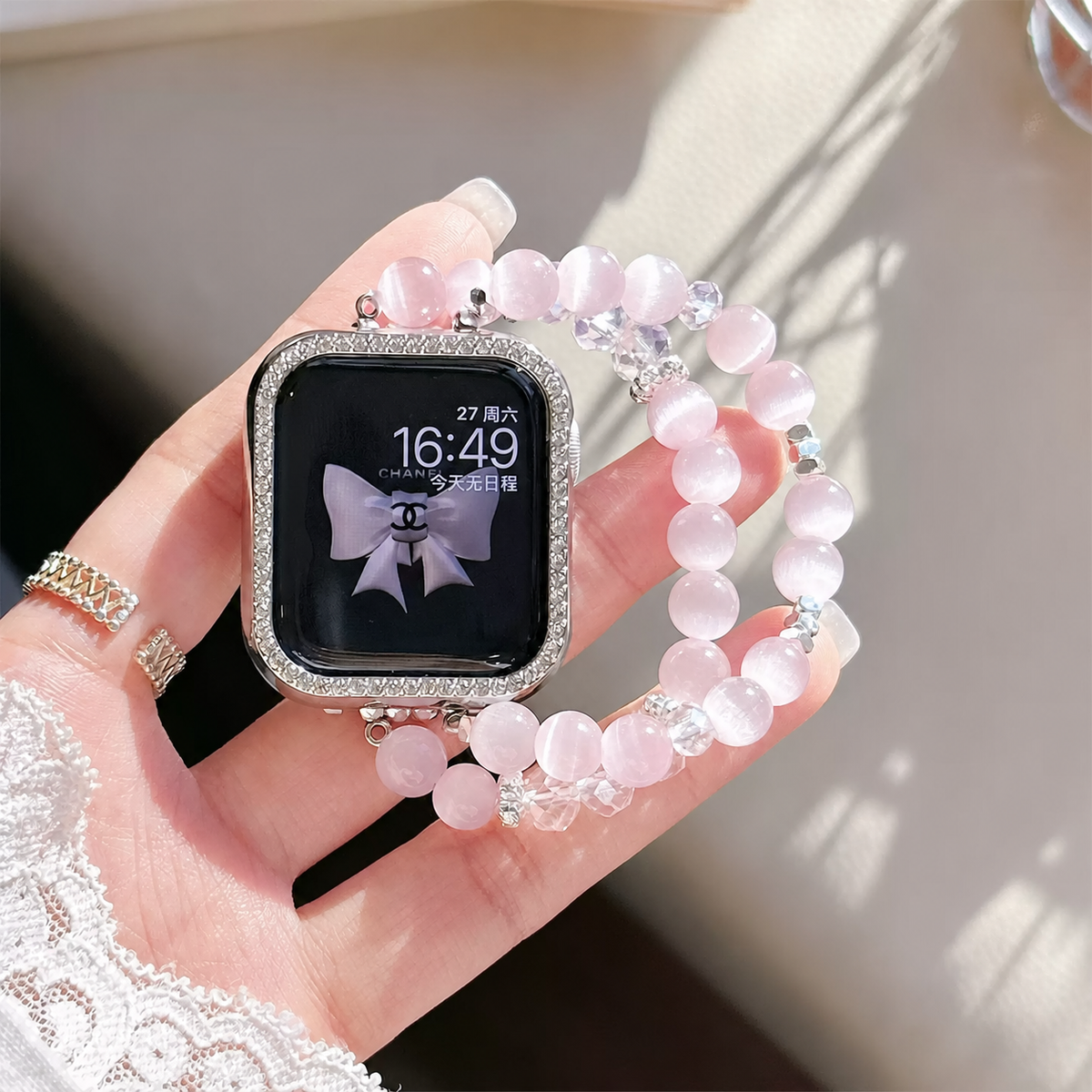 Pink cat eye pearl Apple Watch band detail