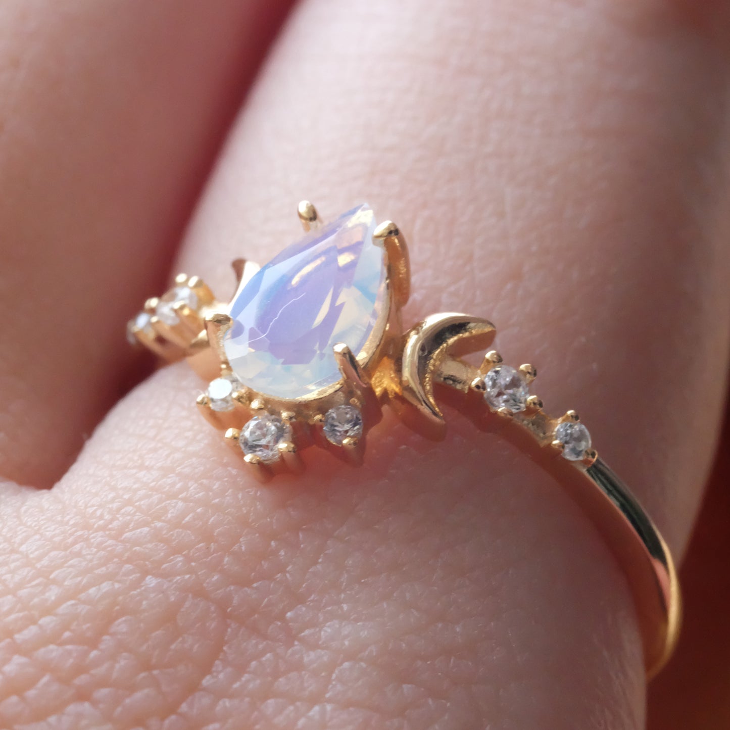 Opal Moonlight Ring 925 Sterling Silver 14K Gold Plated Pear Cut Cubic Zirconia Celestial Jewelry