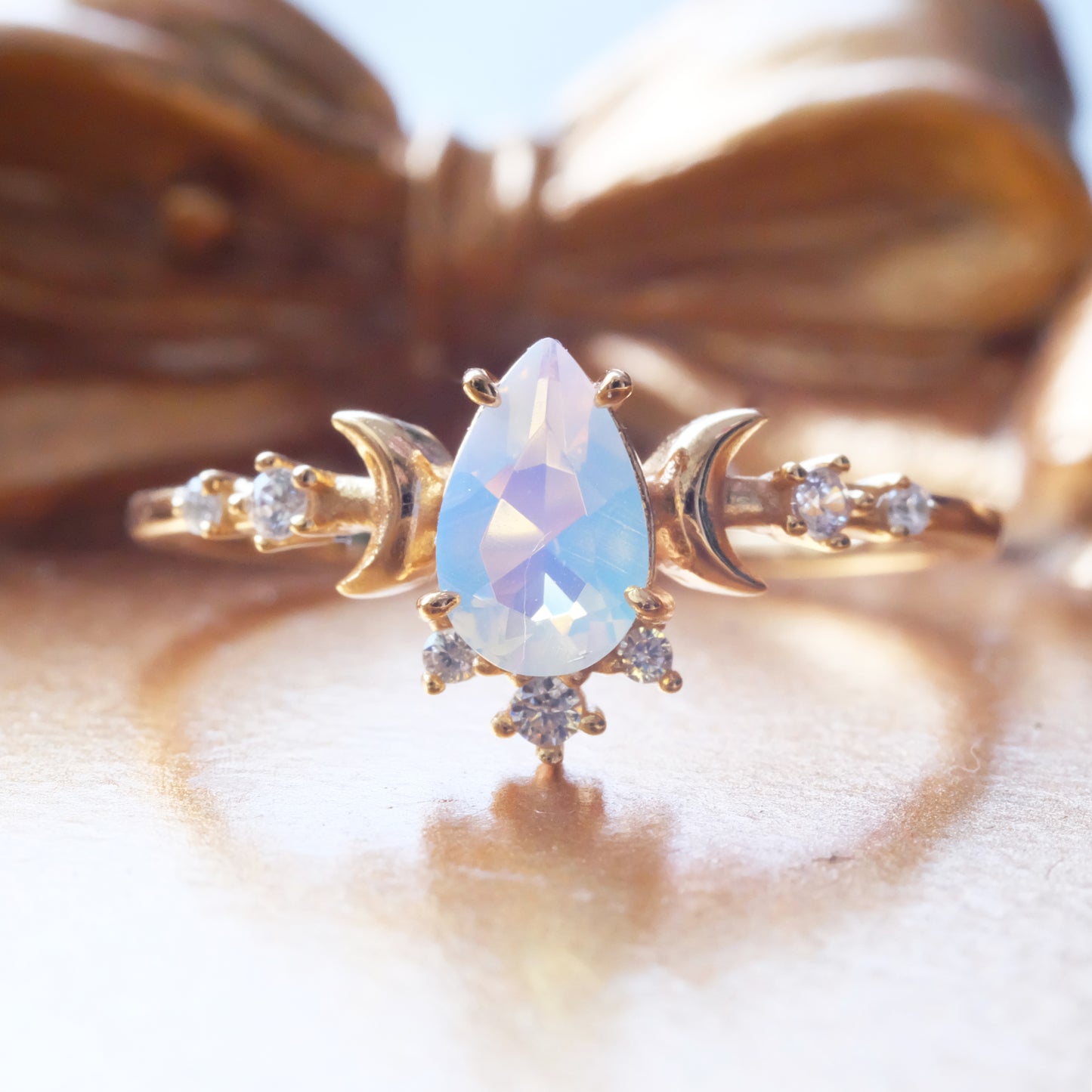 Opal Moonlight Ring 925 Sterling Silver 14K Gold Plated Pear Cut Cubic Zirconia Celestial Jewelry