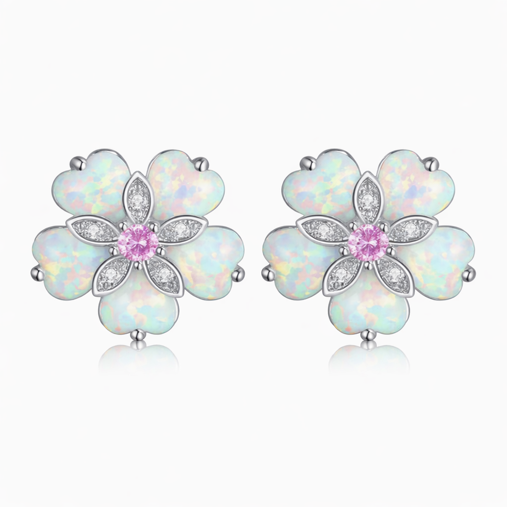 STAR WISH Elegant flower-shaped opal stud earrings featuring colorful, iridescent gemstones on a silver setting.
