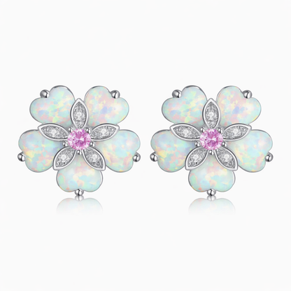 STAR WISH Elegant flower-shaped opal stud earrings featuring colorful, iridescent gemstones on a silver setting.