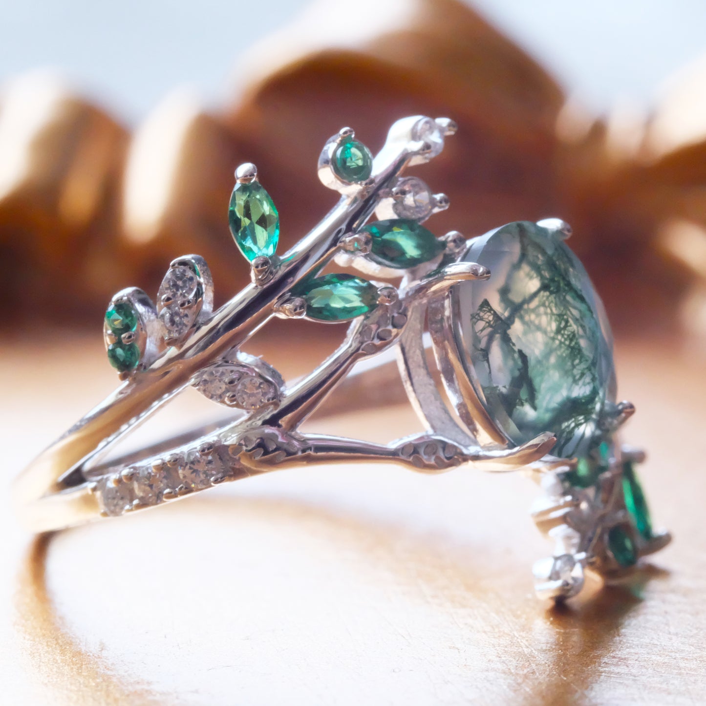 Oval Moss Agate Leaf Sterling Silver Ring