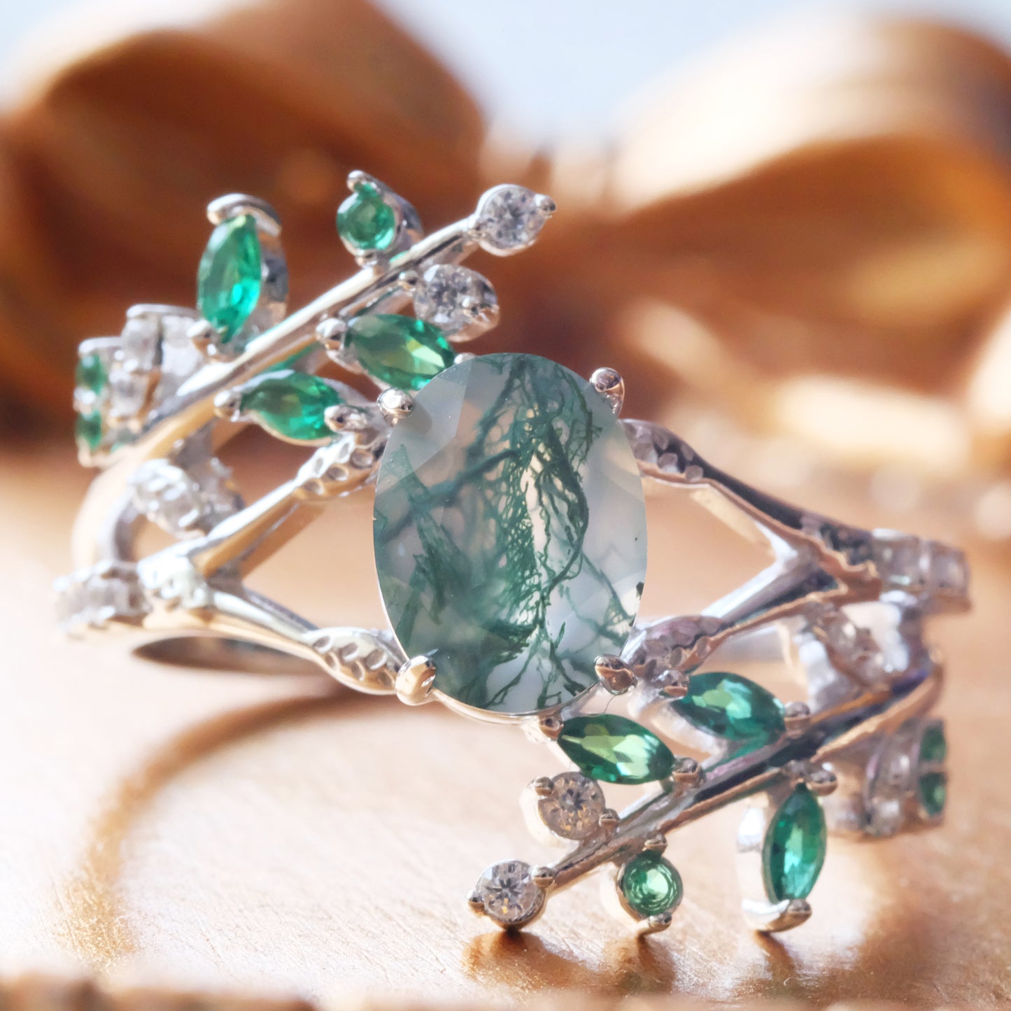 Oval Moss Agate Leaf Sterling Silver Ring