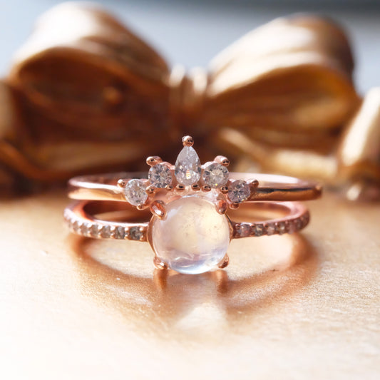 Crown Moonstone Ring Set 18K Gold Plated 925 Silver Rose Golding Sterling Silver Engagement Ring White Golding Ring Moonlight Wedding Moon Bridal Jewelry Band Ring Set rings