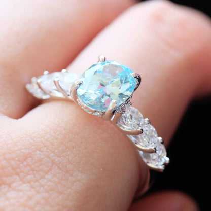 Ocean Blue Zircon Solitaire Ring 925 Sterling Silver