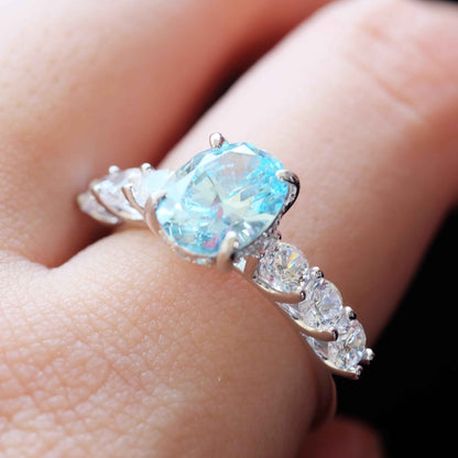 Ocean Blue Zircon Solitaire Ring 925 Sterling Silver