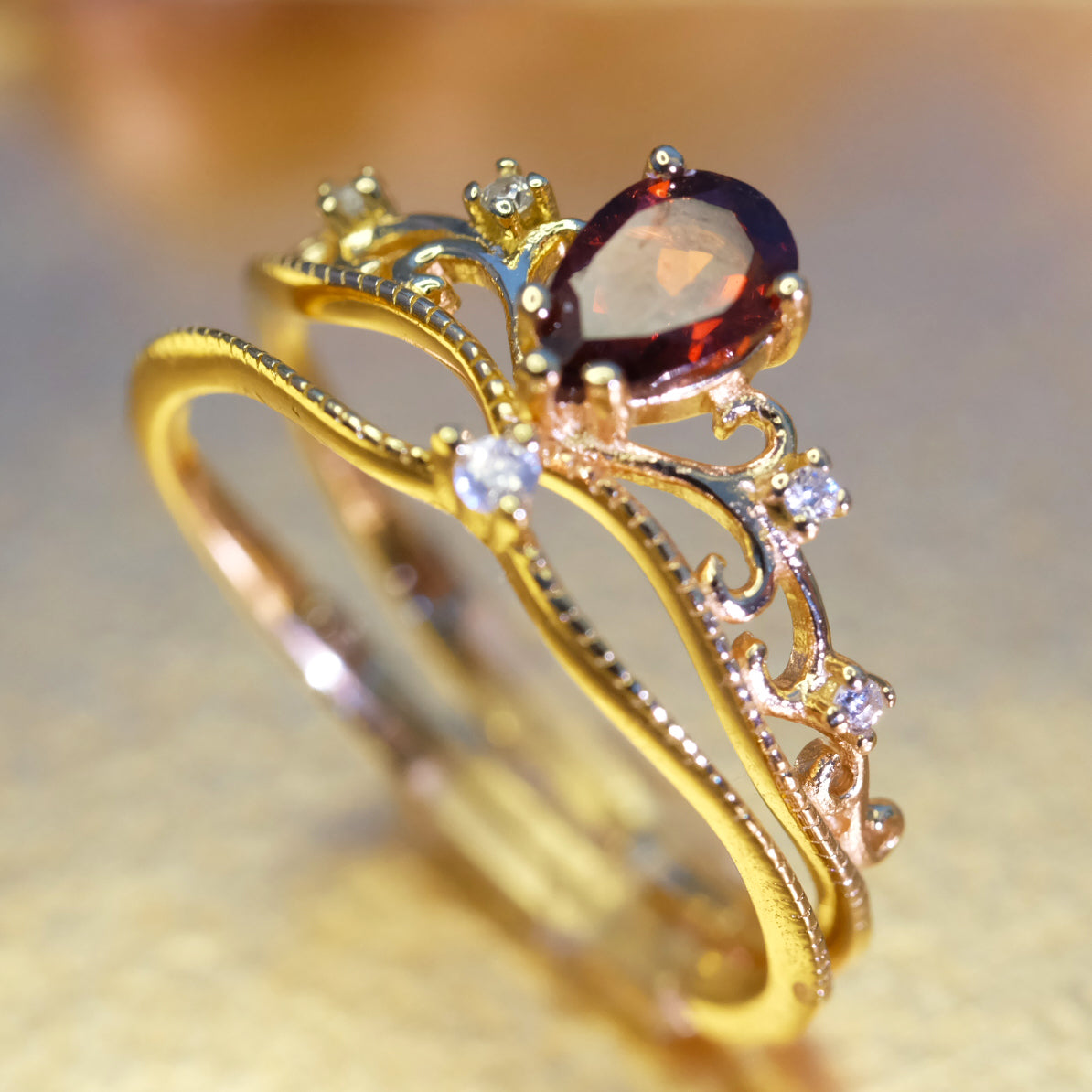 Princess Crown Ring 925 Sterling Silver Gold PLated Garnet Band Ring