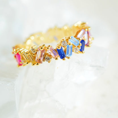 Rainbow zircon sterling silver ring with 18K gold plating by STAR WISH, featuring a colorful, sparkling gemstone design.