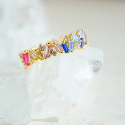 Rainbow zircon sterling silver ring with 18K gold plating by STAR WISH, featuring colorful gemstones on a sleek band.