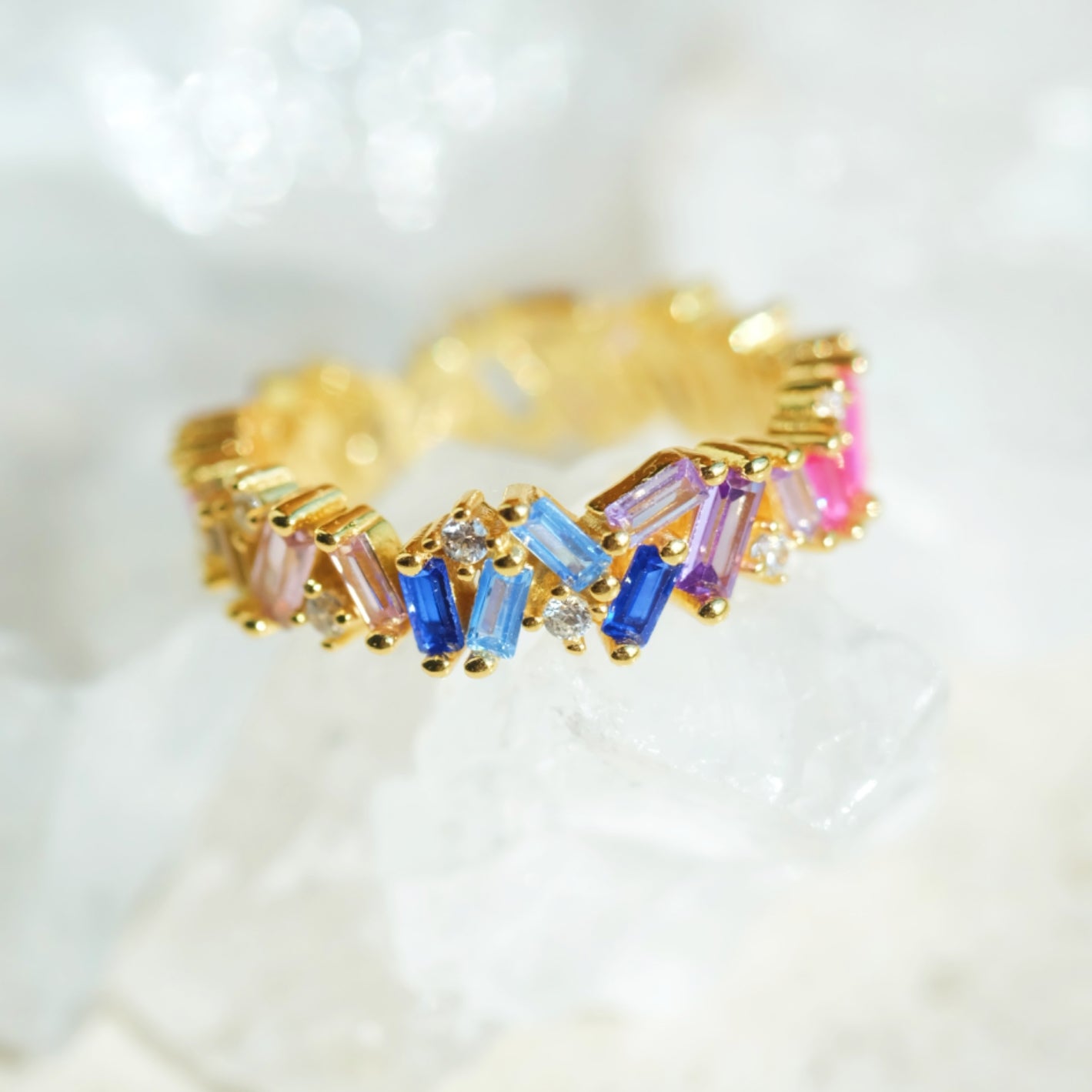 Rainbow Zircon Ring 925 Sterling Silver 18K Gold Plated Multi-Color Jewelry