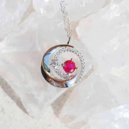 red zircon pendant silver necklace in moon and star design 