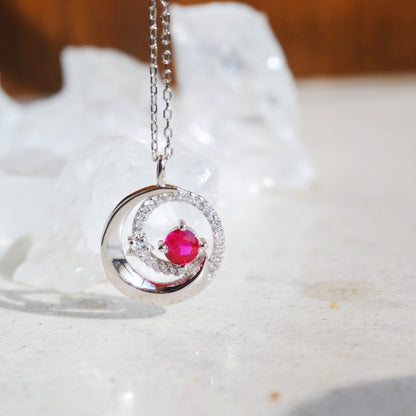 red zircon pendant silver necklace in moon and star design 