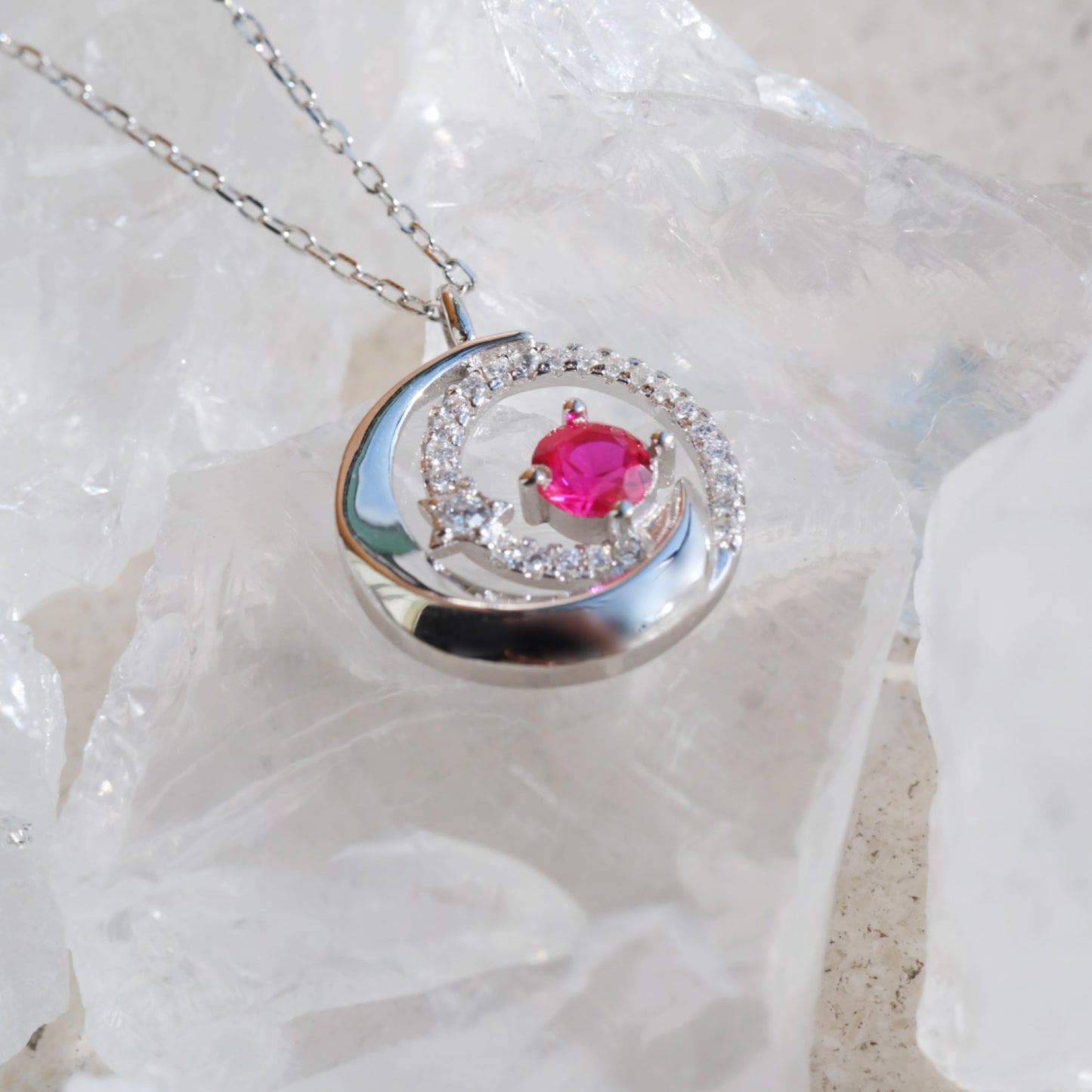 Moon & Star Red Zircon Necklace S925 Sterling Silver Celestial Jewelry