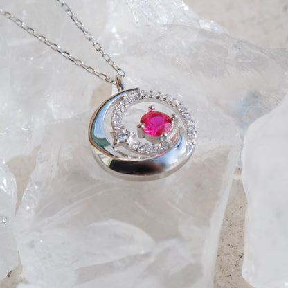 red zircon pendant silver necklace in moon and star design 