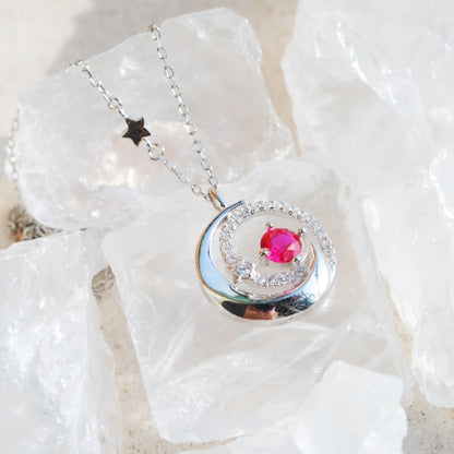 red zircon pendant silver necklace in moon and star design 
