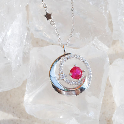 red zircon pendant silver necklace in moon and star design 