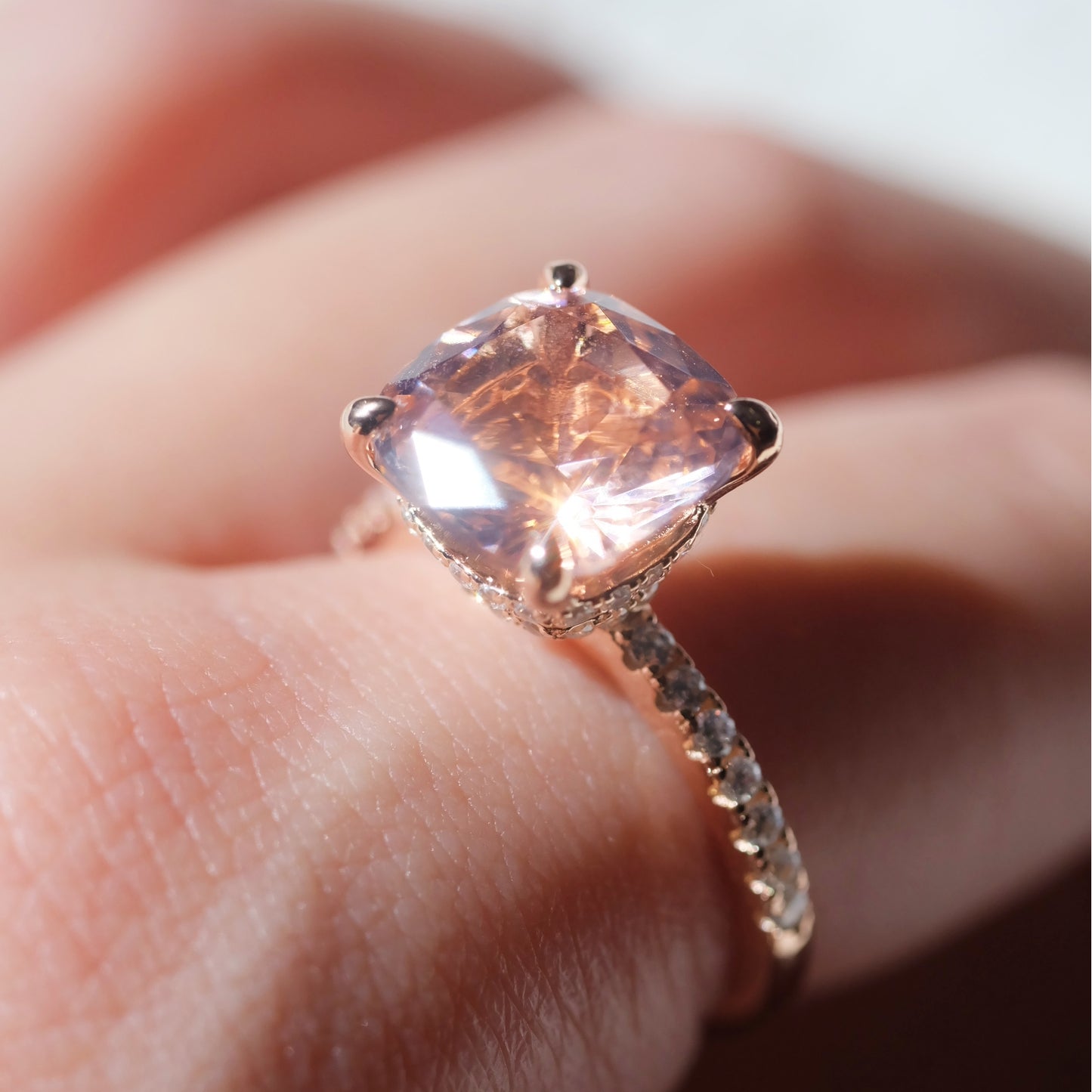 Champagne Pink Square Ring 925 Sterling Silver 18K Gold Plated Synthetic Zircon Imitating Morganite