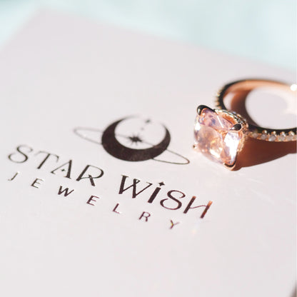 Pink square simulated morganite ring