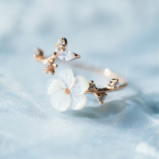 Кольцо Star Wish Vine Flower Open Ring из стали S925 с покрытием из 18-каратного розового золота, украшенное ракушками и цирконами, регулируемая длина.