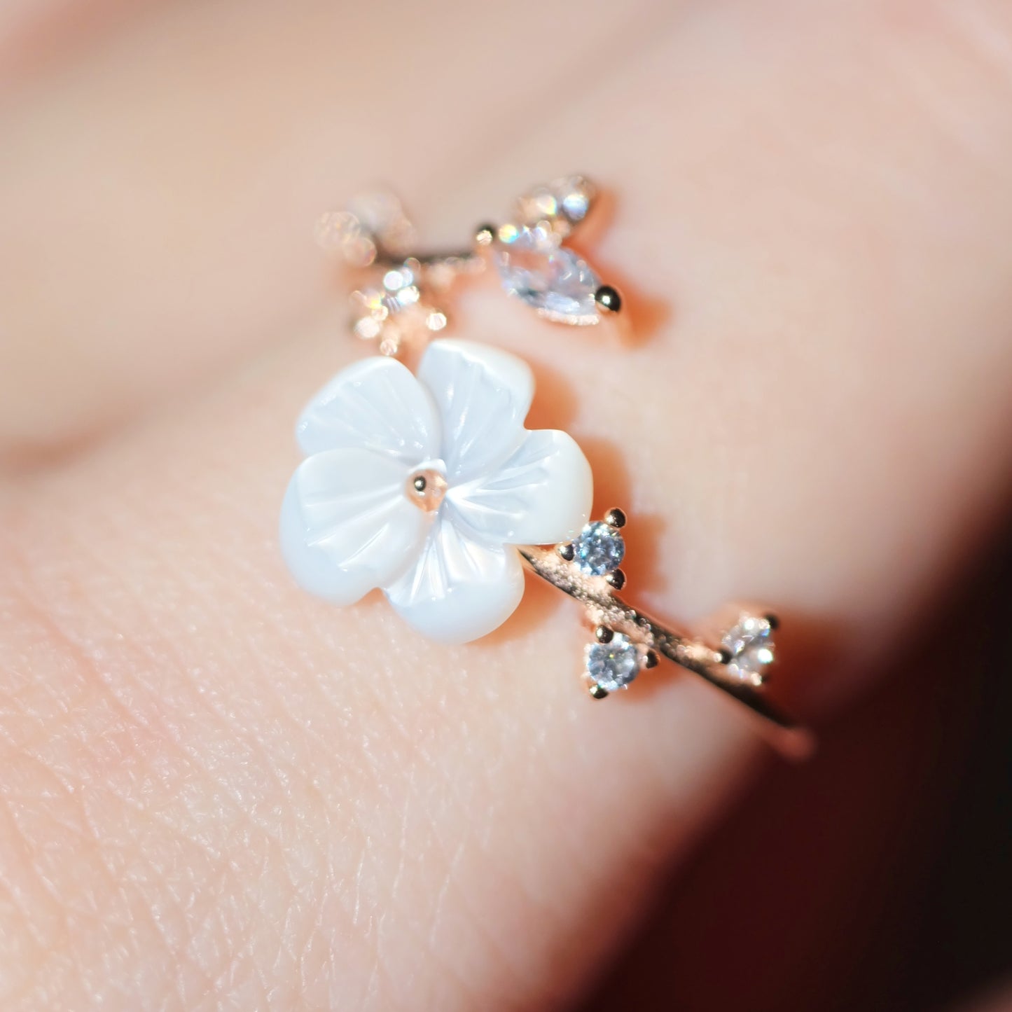 Кольцо Star Wish Vine Flower Open Ring из стали S925 с покрытием из 18-каратного розового золота, украшенное ракушками и цирконами, регулируемая длина.