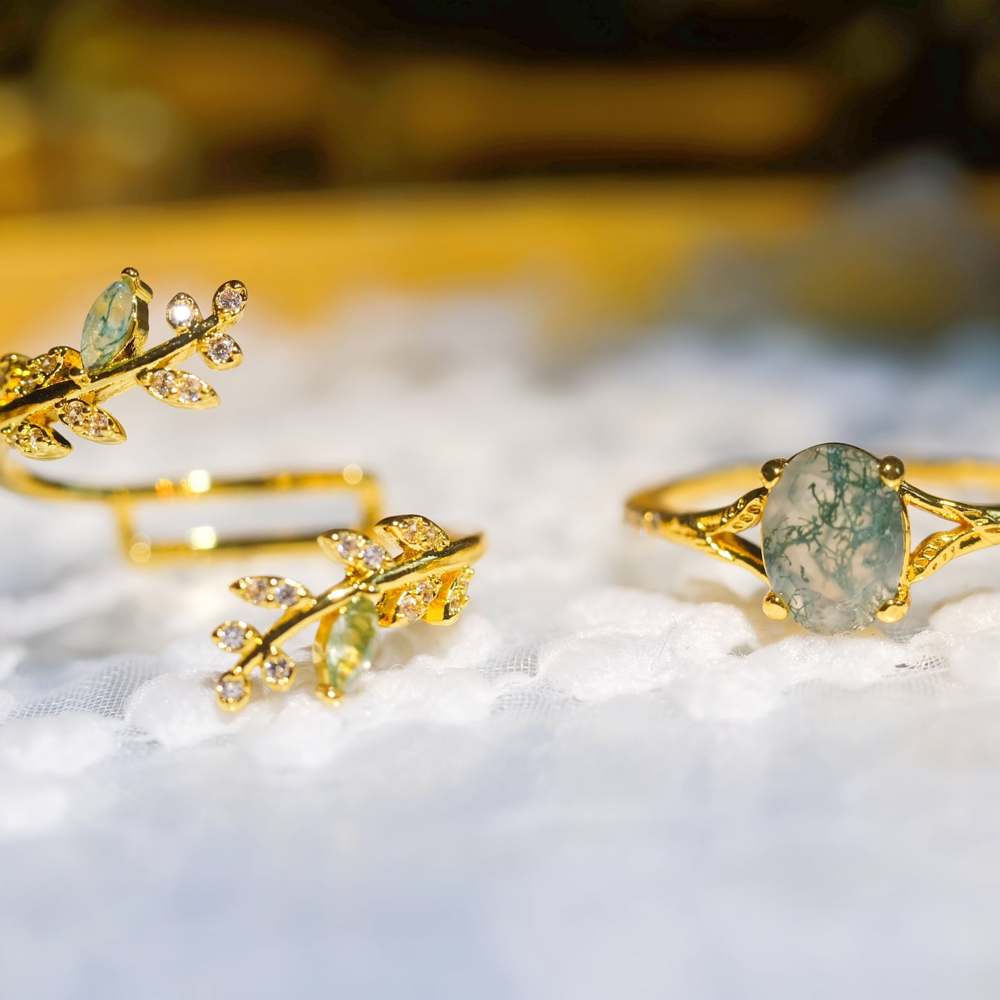 Oval Moss Agate Leaf Adjustable Ring