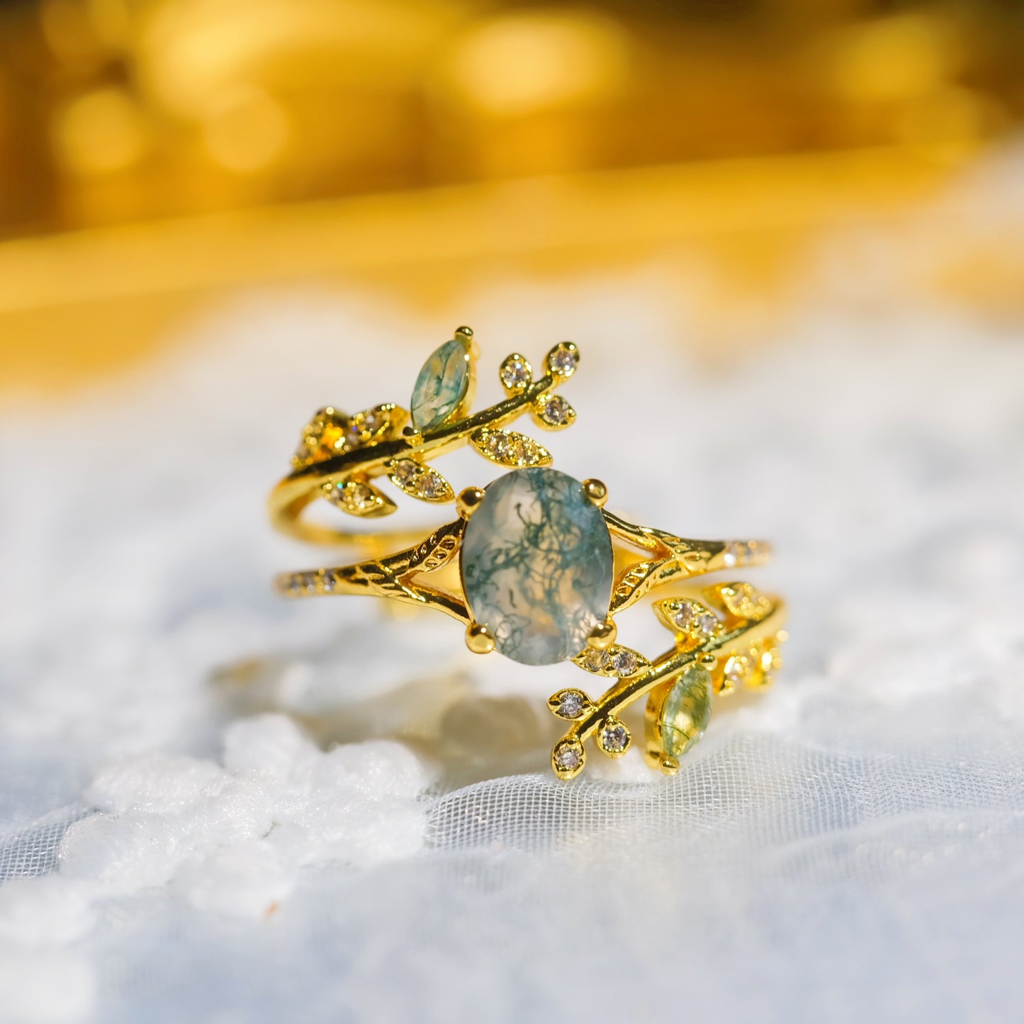 Oval Moss Agate Leaf Adjustable Ring